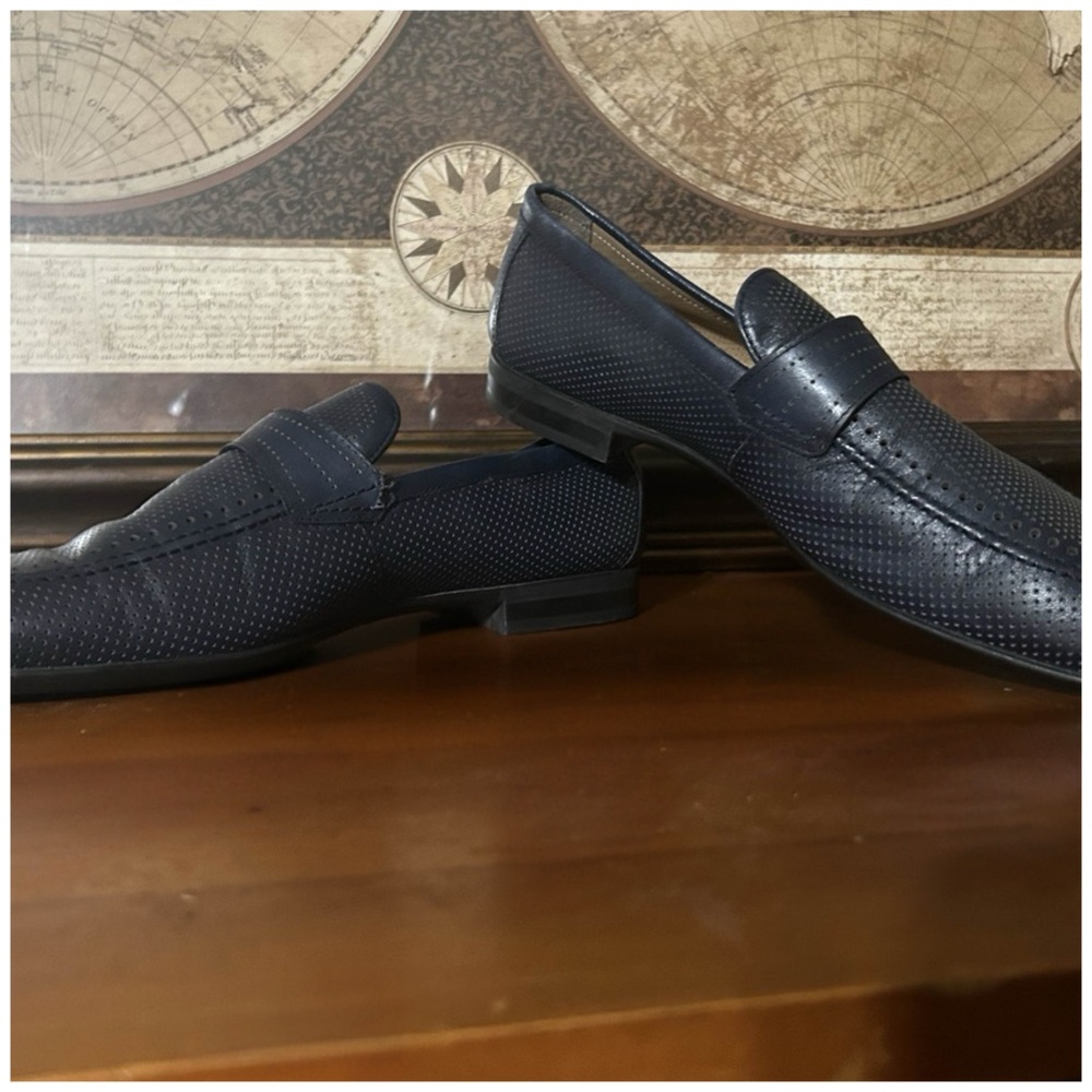 Giardini • Men’s Navy Leather Perforated Penny Loafers • Dress / Casual Shoes - Picture 2 of 4